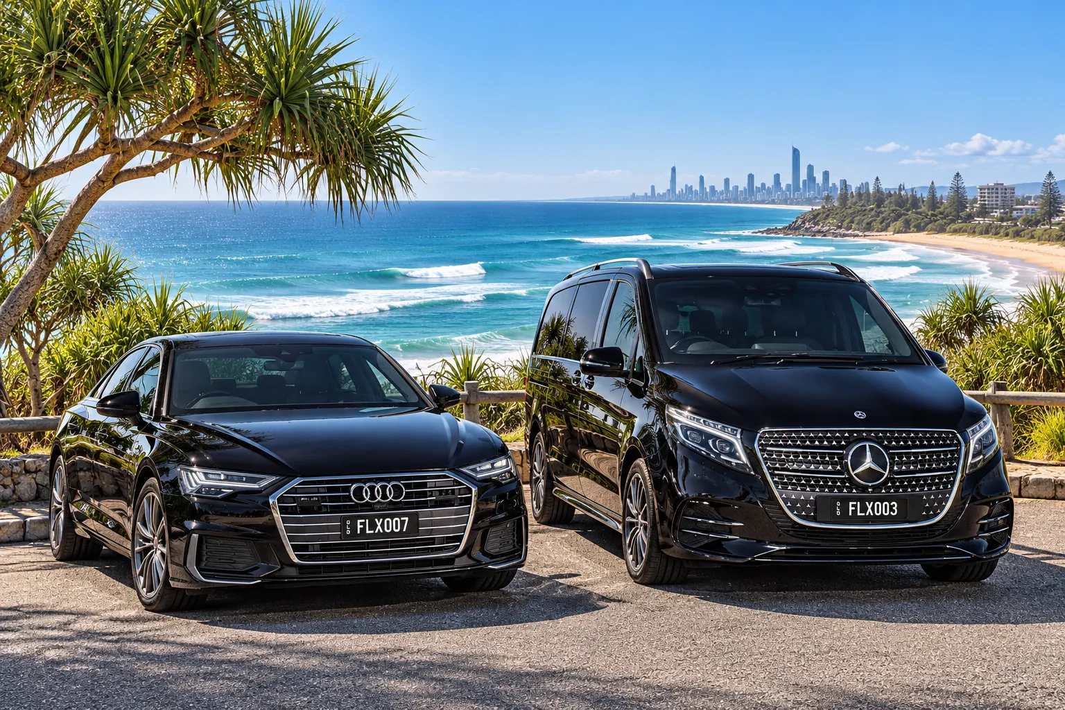 Black Audi sedan and Mercedes chauffeur van overlooking Burleigh Heads and the Gold Coast